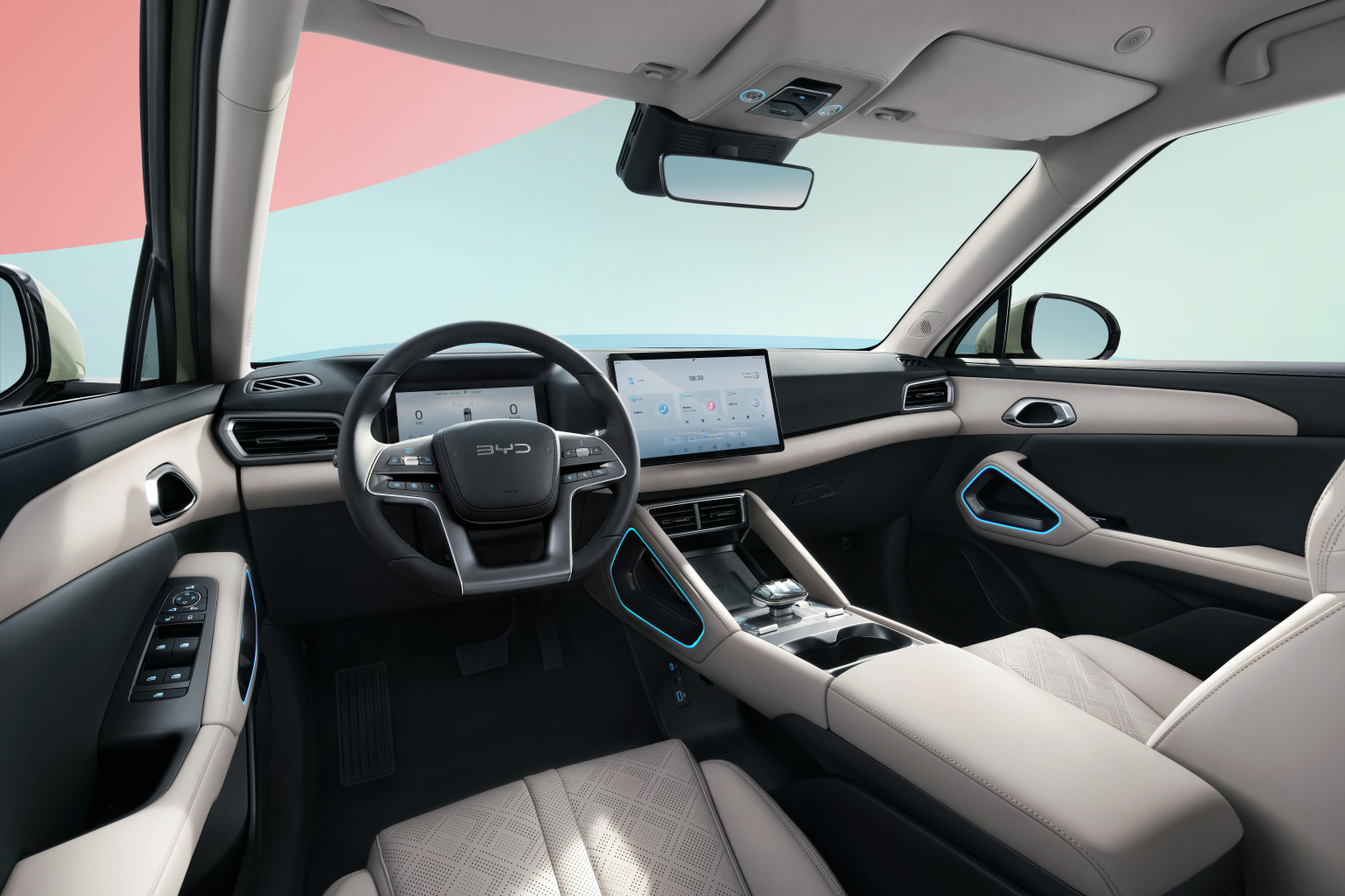 Nội thất BYD Atto 2 bọc da vegan cao cấp, ghế thể thao liền tựa đầu, màn hình giải trí 12.8 inch xoay ngang dọc.